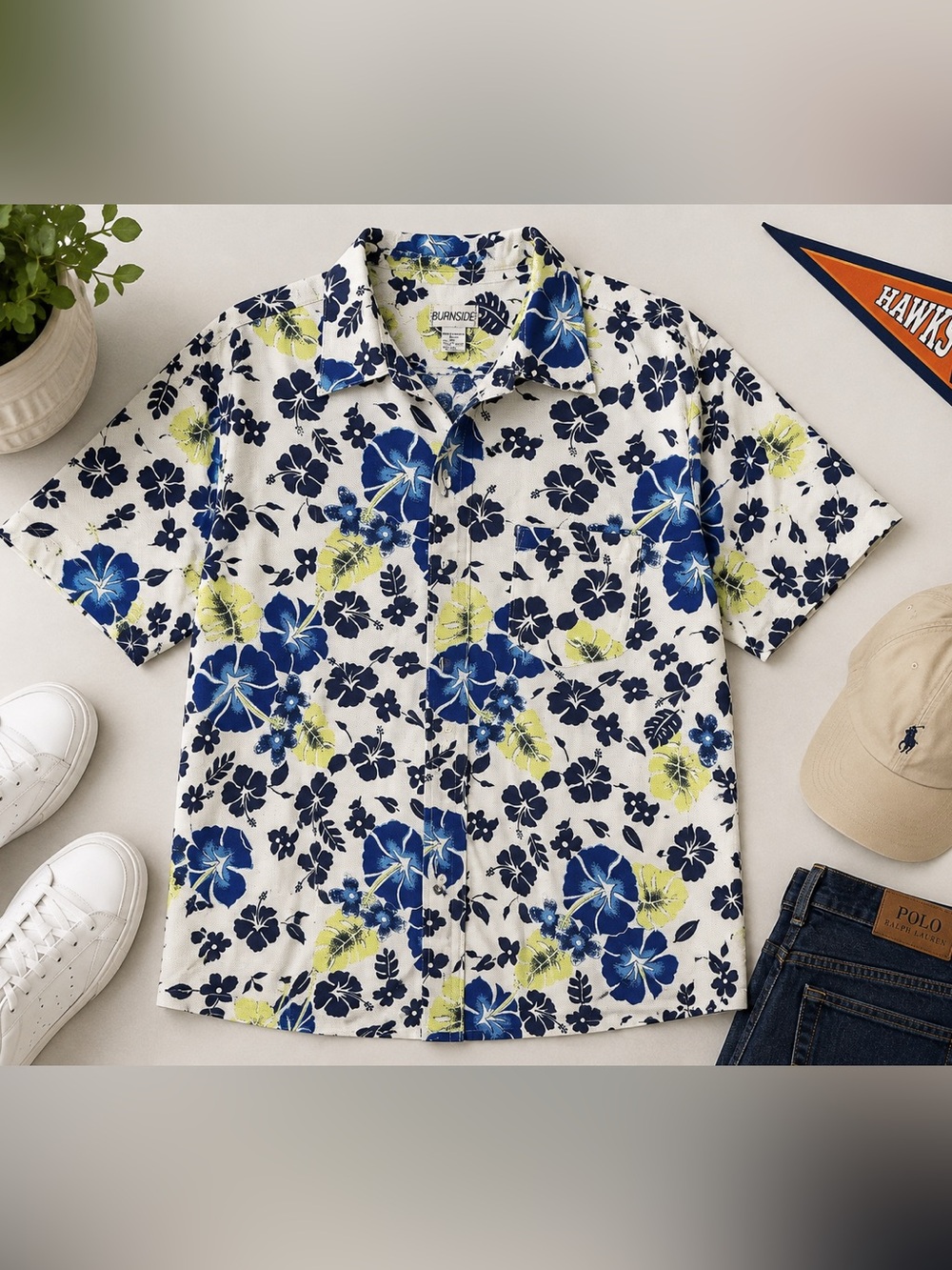 burnside White Short-Sleeve Floral Button-Down Shirt with Blue & Yellow Accents